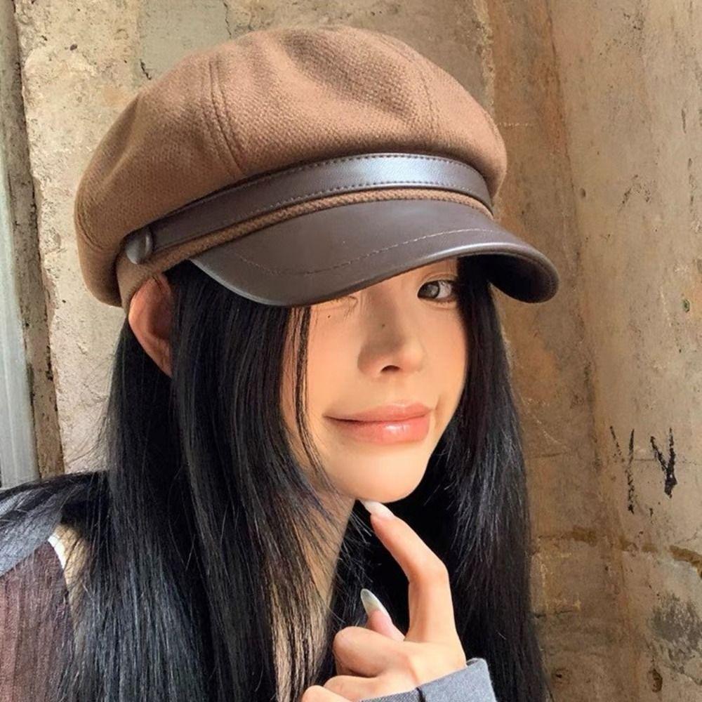Casual Pu Leather Beret Retro Style Painter Hat Elegant Women's Beret  Lady