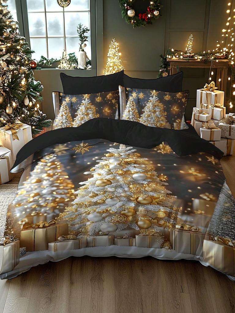 2/3ks Vánoční stromek Dárek Vzor sněhové vločky Sob Santa Claus Měkká sada povlaku na peřinu Vhodná do ložnice, pokoje pro hosty