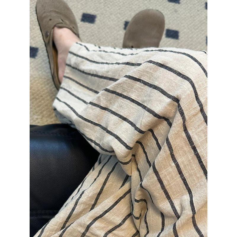 

Japanese Style Cotton and Linen Striped Pants Women s Summer Yamamoto Pants Lazy Casual Loose Pants Cool Pants Linen Wide-Leg Pants Black apricot strips XL