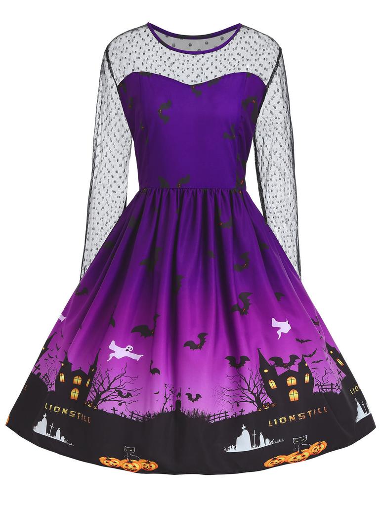 Cross-border Women's Halloween Dress Halloween Witch Character Cos Dress Lace Print Dress