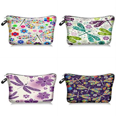 1pc Beautiful Dragonfly Flower Print Makeup Bags, Women Portable Travel Cosmetic Storage Bags with Zipper
