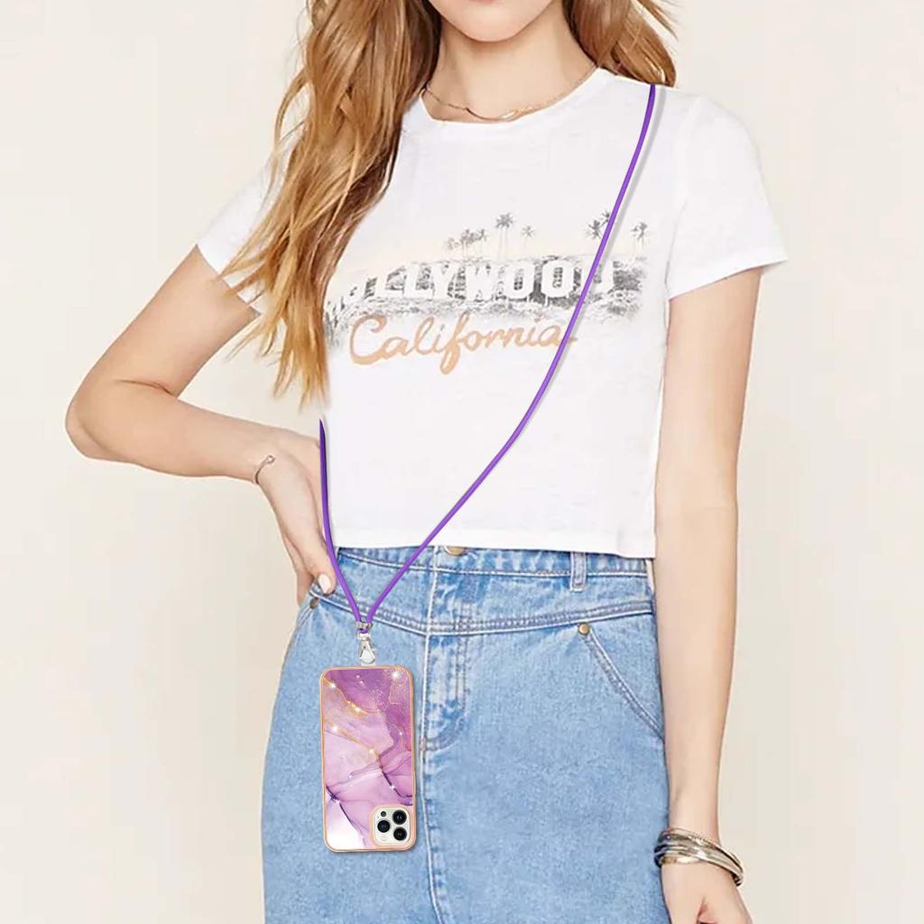 Luxusní dámský popruh přes rameno pozlacený třpytivý mramorový umělecký vzor crossbody pouzdro na telefon pro iPhone Samsung Xiaomi Moto nárazuvzdorný silikonový zadní kryt