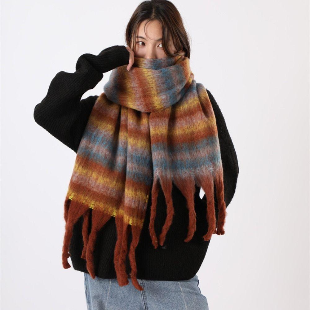 Tassel Plaid Wool Scarf Plush Long Shawl Retro Winter Cashmere Scarves  Autumn Winter