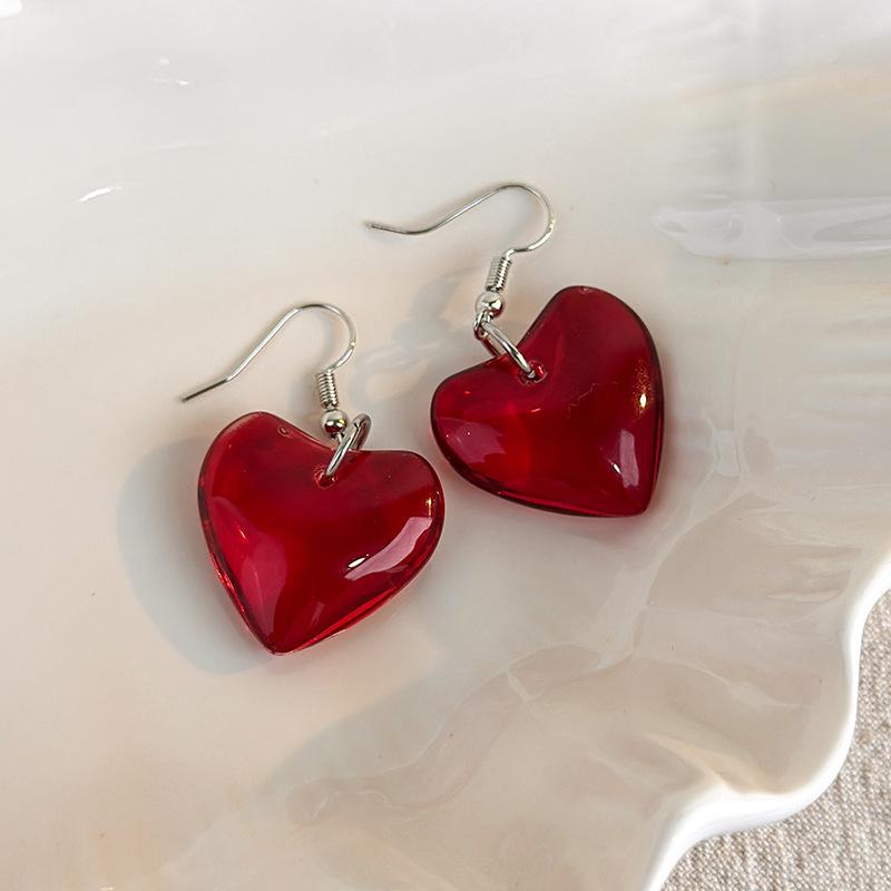 Sweet Transparent Red Glass Earrings Women Candy Color Heart Pendant Hook Ear Jewelry