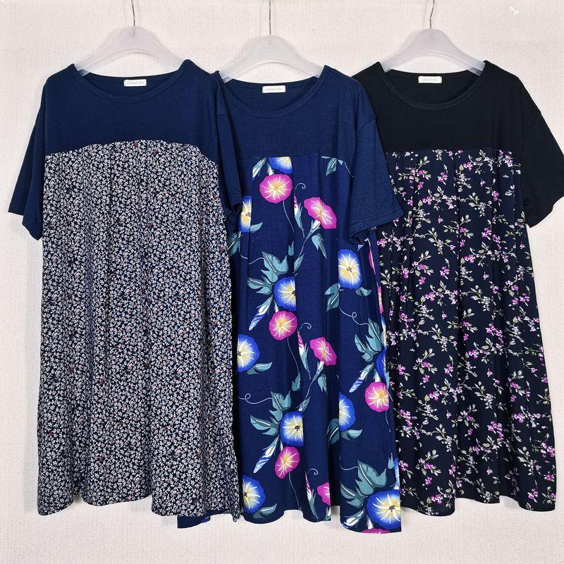 Export Original Order Leftover Stock Tencel Rayon Printed Stitching Short Sleeves Dress Female Loose Plus Size Mid Length Long Length Tops Summer