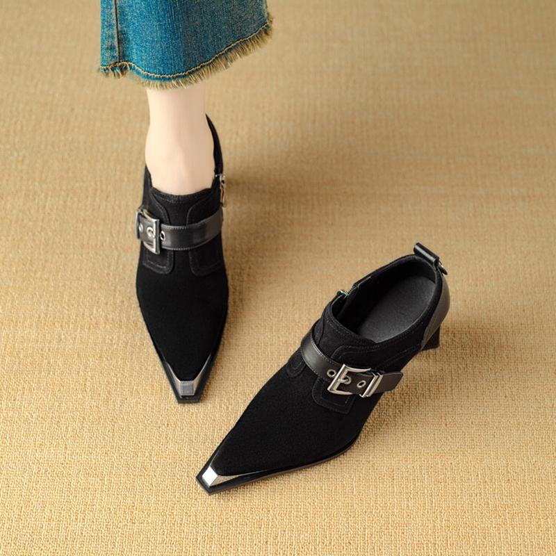 Fashion NEW Spring/Autumn Women Pumps Sheep Suede Leather Shoes for Women Pointed Toe Chunky Heel Shoes Belt Buckle High Heel Shoes