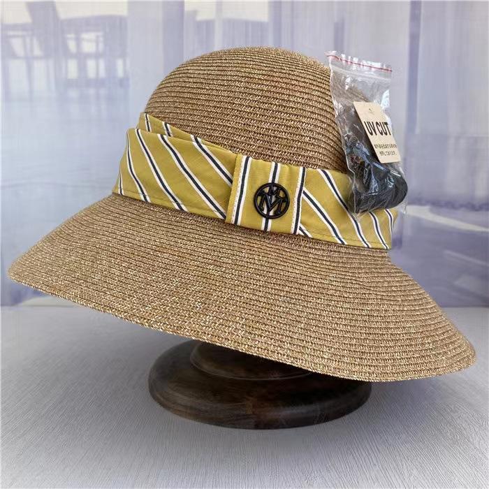

Straw hat women s summer fashion M striped decorative sun hat sun protection big brim sun hat vacation beach hat Adult (56-58cm) жовтий