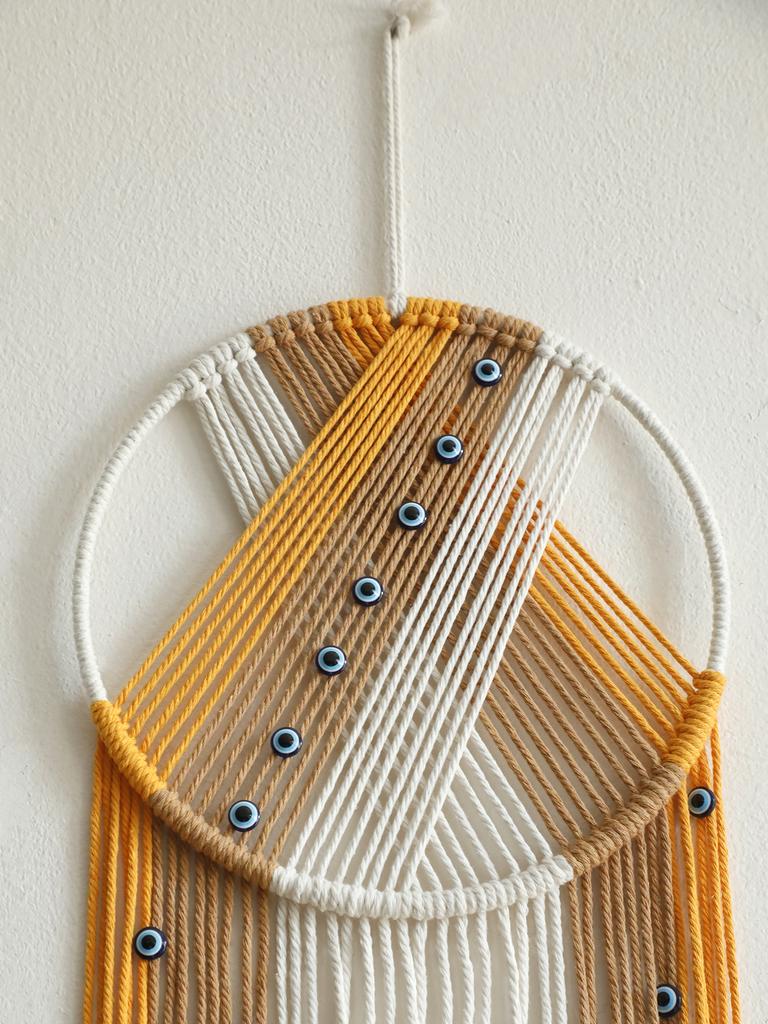 Handmade Macrame Wall Hanging with Fringe and Evil Eye Beads – Boho Chic Yarn Tapestry Home Bedroom Living Room or Nursery Decor