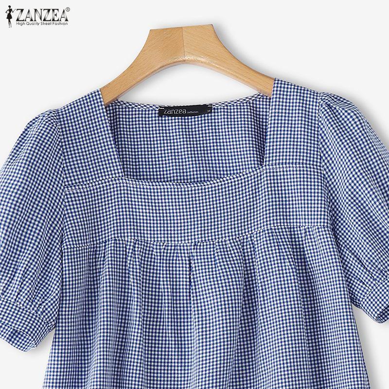 ZANZEA Women Grid Print Casual Square Collar Short Sleeve Blouse