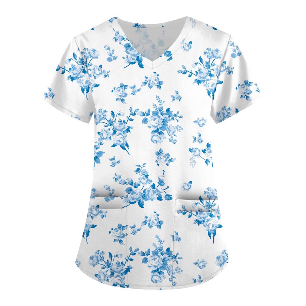 Plus SizePrinted Scrub Working Uniform Tops For Women's Cross V-Neck Print Short Sleeve Fun T-Shirts Workwear Tee With Pockets