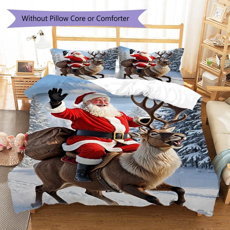 Santa Claus Riding Reindeer Winter Snowy Forest Print 3-Piece Duvet Cover Set — Soft Bedroom Bedding, Festive Home Decor