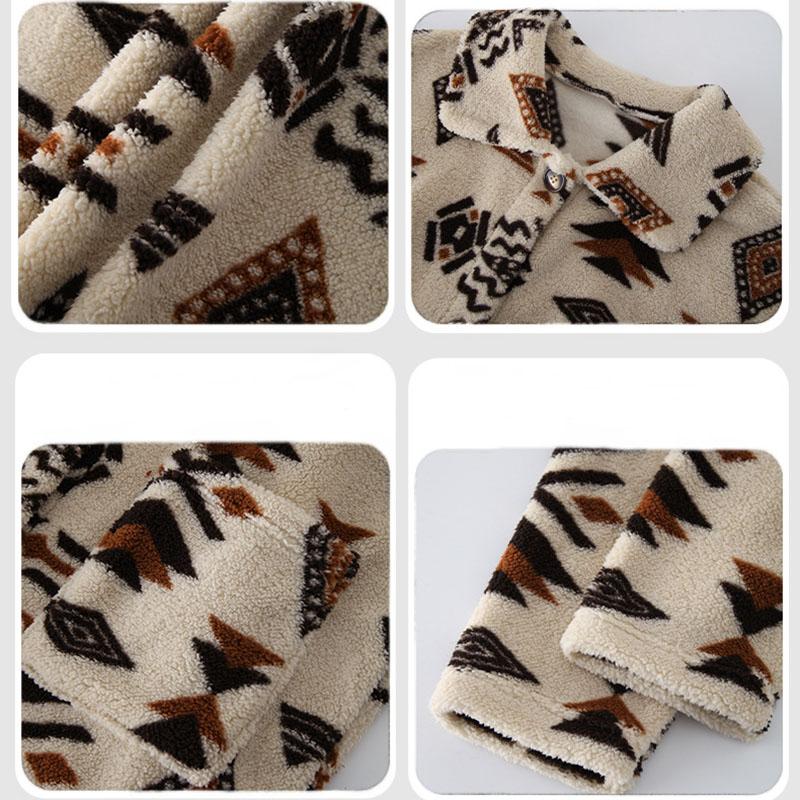 Autumn and Winter Printed Plush Coat Flip Collar Single Breasted Long Sleeved Jacket Women's Warm Comfortable Outerwear Retro Ethnic Style