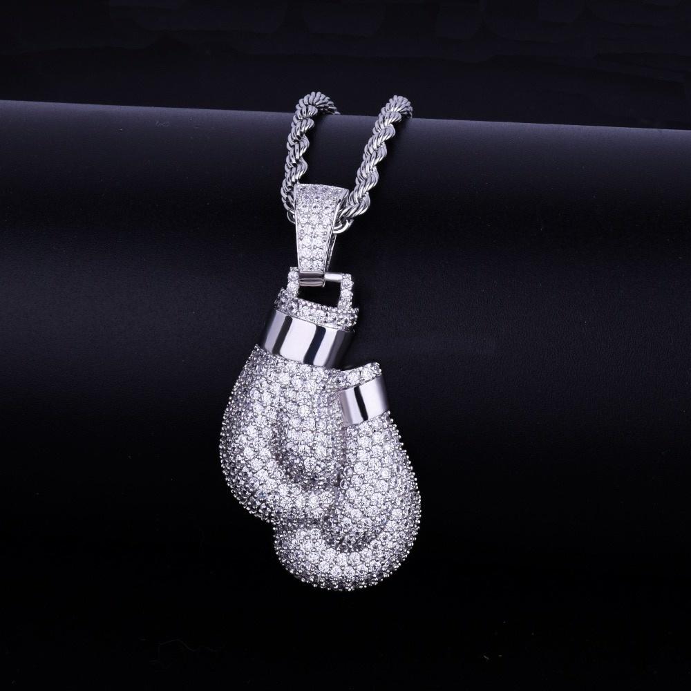 

Hip Hop Crystal Boxing Gloves Portrait Necklace Pendant Charm Bling Iced Cubic Zircon Necklace Cool Men s Rock Biker Jewelry 50cm