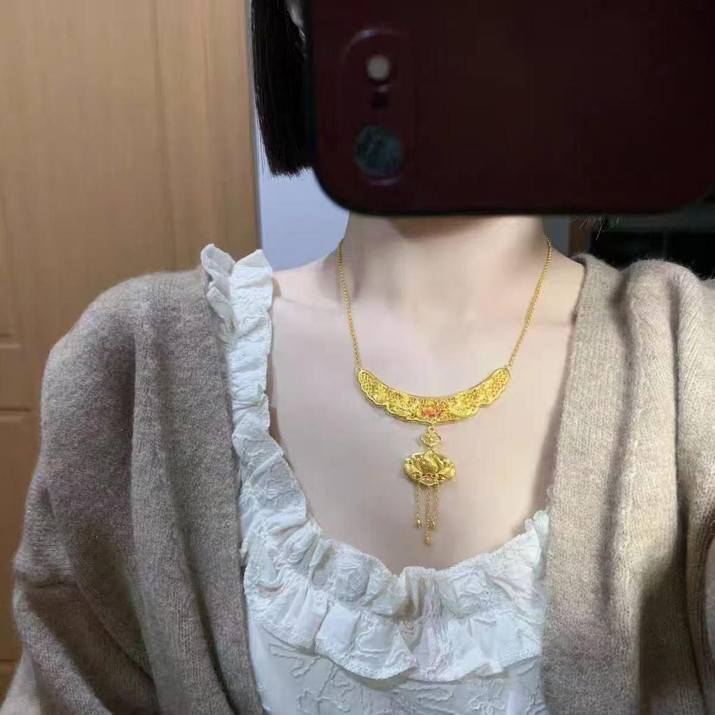 Oriental Beauty Gold Phoenix Cloisonné Lotus Necklace Set with Tassels