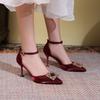 Temperament socialite fine heel satin hollow high heels  summer rhinrhine-buckle large size 41 to 43