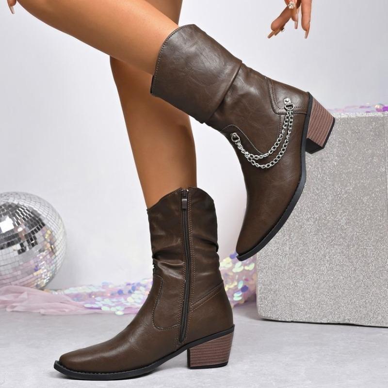 Large size pointed square heel side zipper fashion boots autumn new leather wear medium tube but knee women's boots