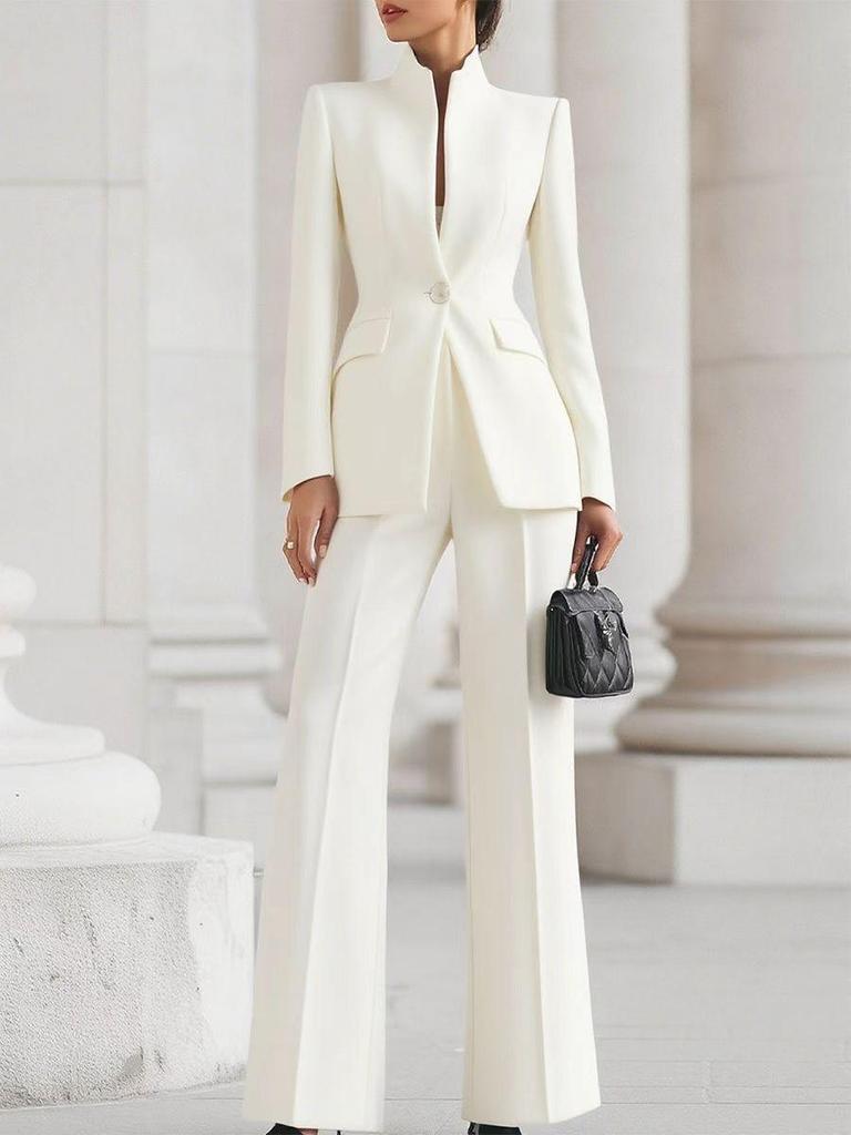 2026 Women's European & American Long Sleeve Solid Color Blazer & Pants Two-Piece Set with Pocket