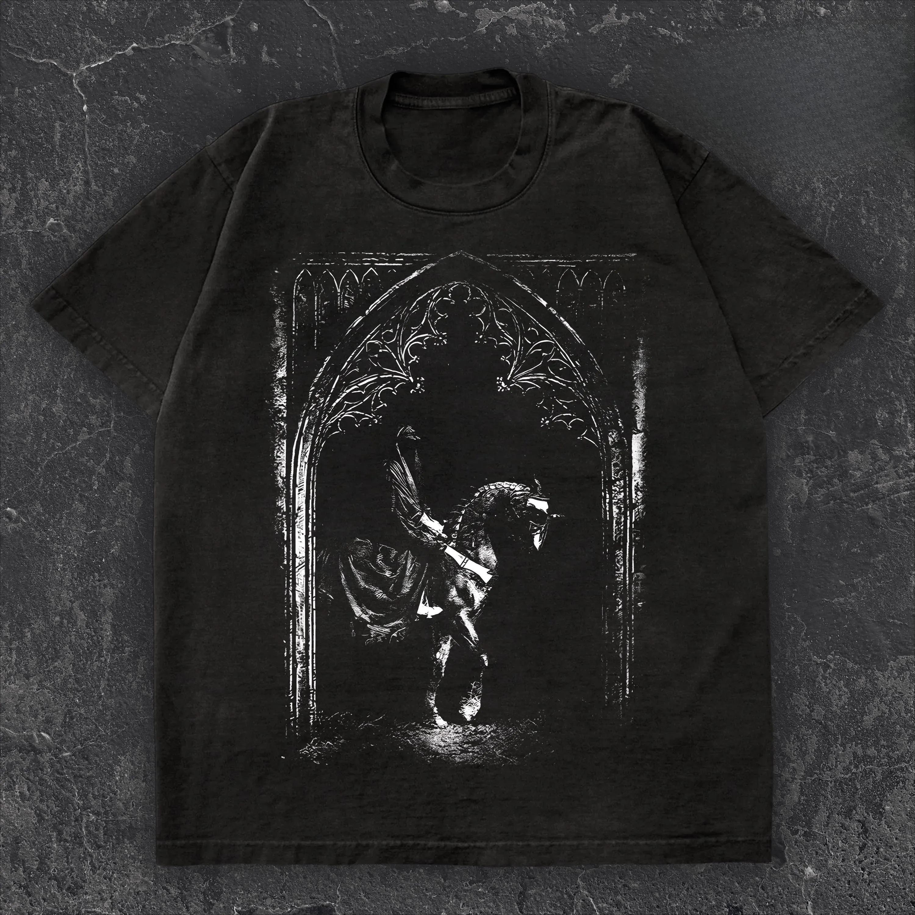 

Gothic Knight Horseman T-Shirt - Dark Medieval Rider Tee - Alternative Black Metal Style Epic Fantasy Warrior Art Clothing Gift 4XL