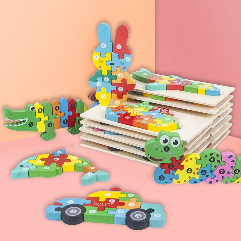 Wooden 3D Cartoon Number Puzzle Board for Kindergarten Kids – Educational Toy