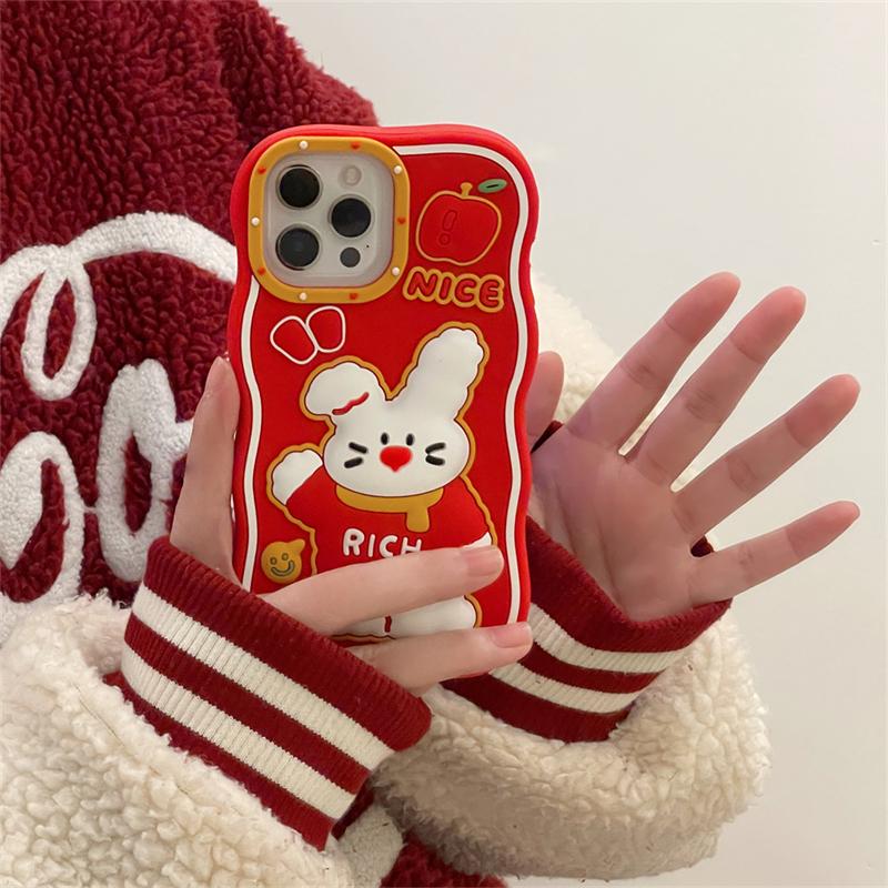 Ins Korean Cute New Year Rabbit Red Phone Case For Iphone 14 13 12 11 Pro Max Lovely Bunny Silicone Shockproof Soft Cover Funda