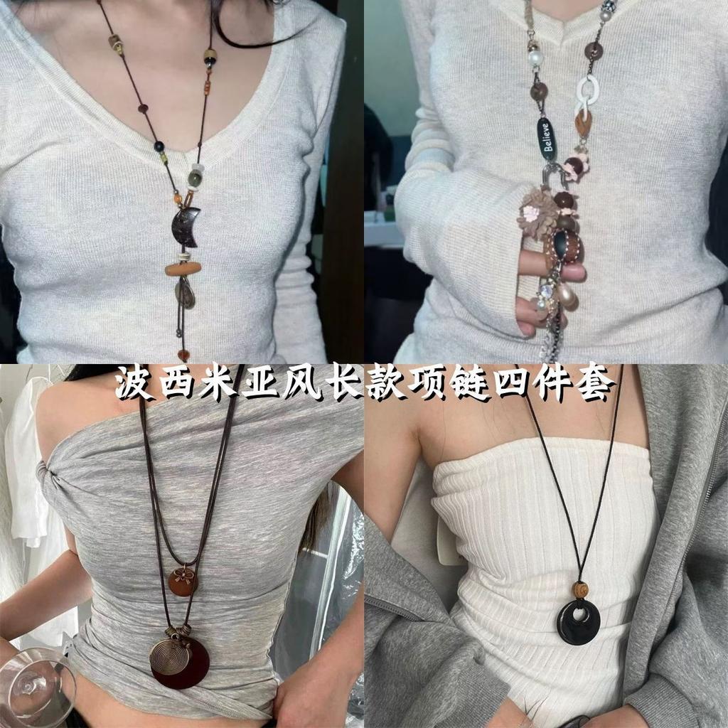 Smiley Wooden Beads Opal Rice Beads Resin Crystal Necklace Retro Niche Collarbone Chain Versatile High-end Jewelry Women