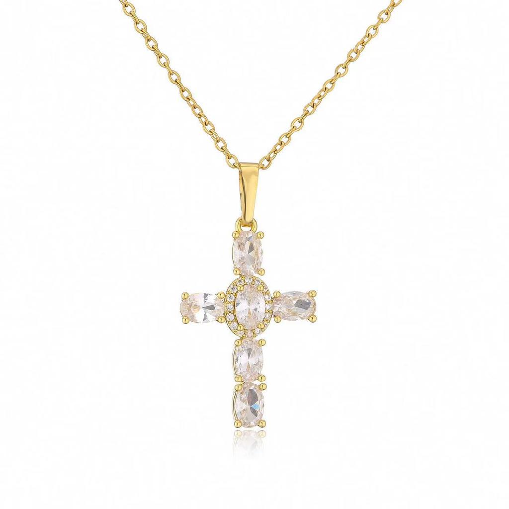 Xiyin Zircon Cross Necklace Women'S Light Luxury Personality Versatile Bright Pendant Collarbone Chain Accessories