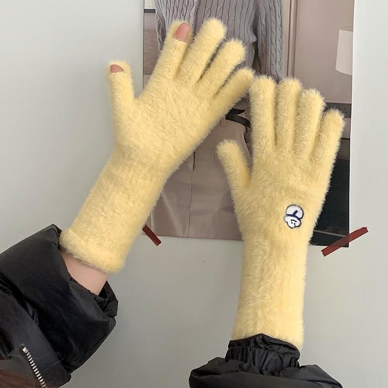 Travel gloves women autumn and winter gentle college wind solid color knitted fingers warm and cold cycling older children spring