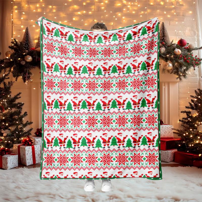 Red Green Santa Snowflake Knit Pattern Xmas Throw Blanket,Warm Lounge,Bedroom Decor,Birthday Anniversary Home Casual Souvenir