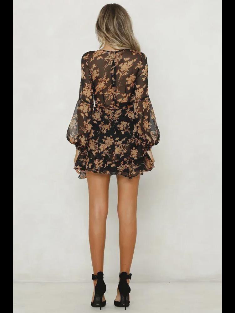 European & American Women's Long-Sleeve V-Neck Strappy Floral Dress