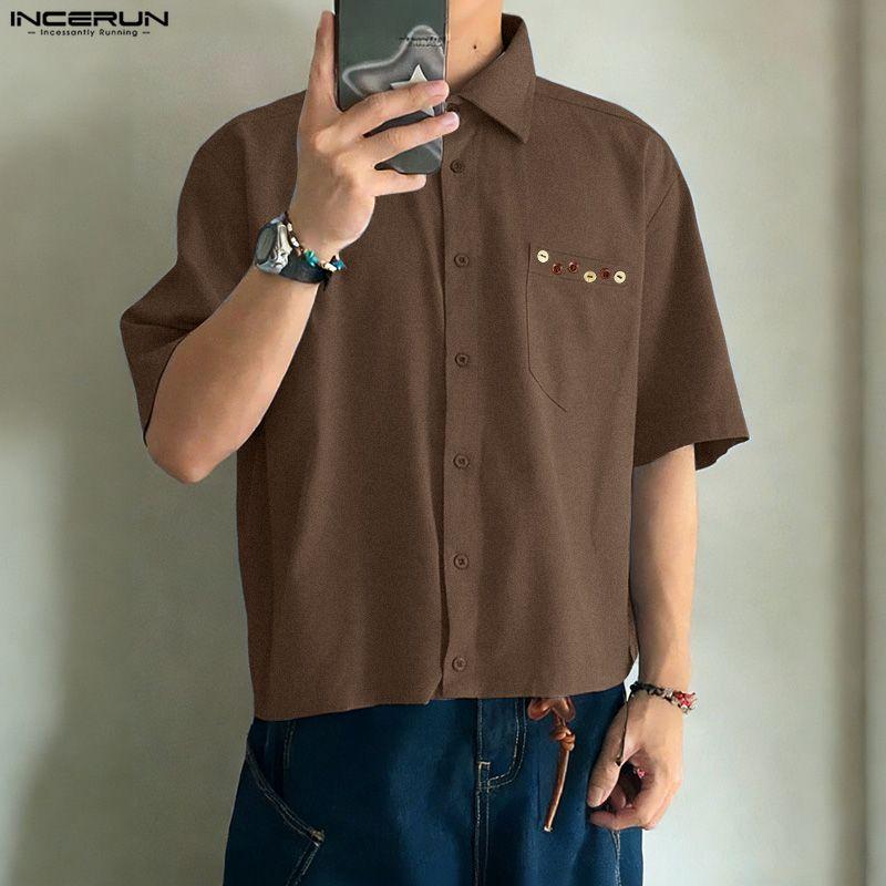 INCERUN Oversized Men Lapel Neck Short Sleeve Loose Casual Shirts