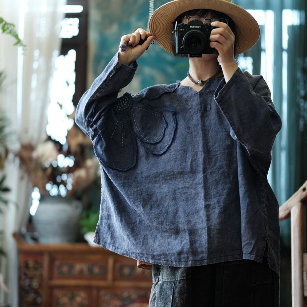 

Johnature Винтажные женские лоскутные футболки с цветочным принтом, осенние футболки с V-образным вырезом и рукавами «летучая мышь», свободного кроя One Size синий