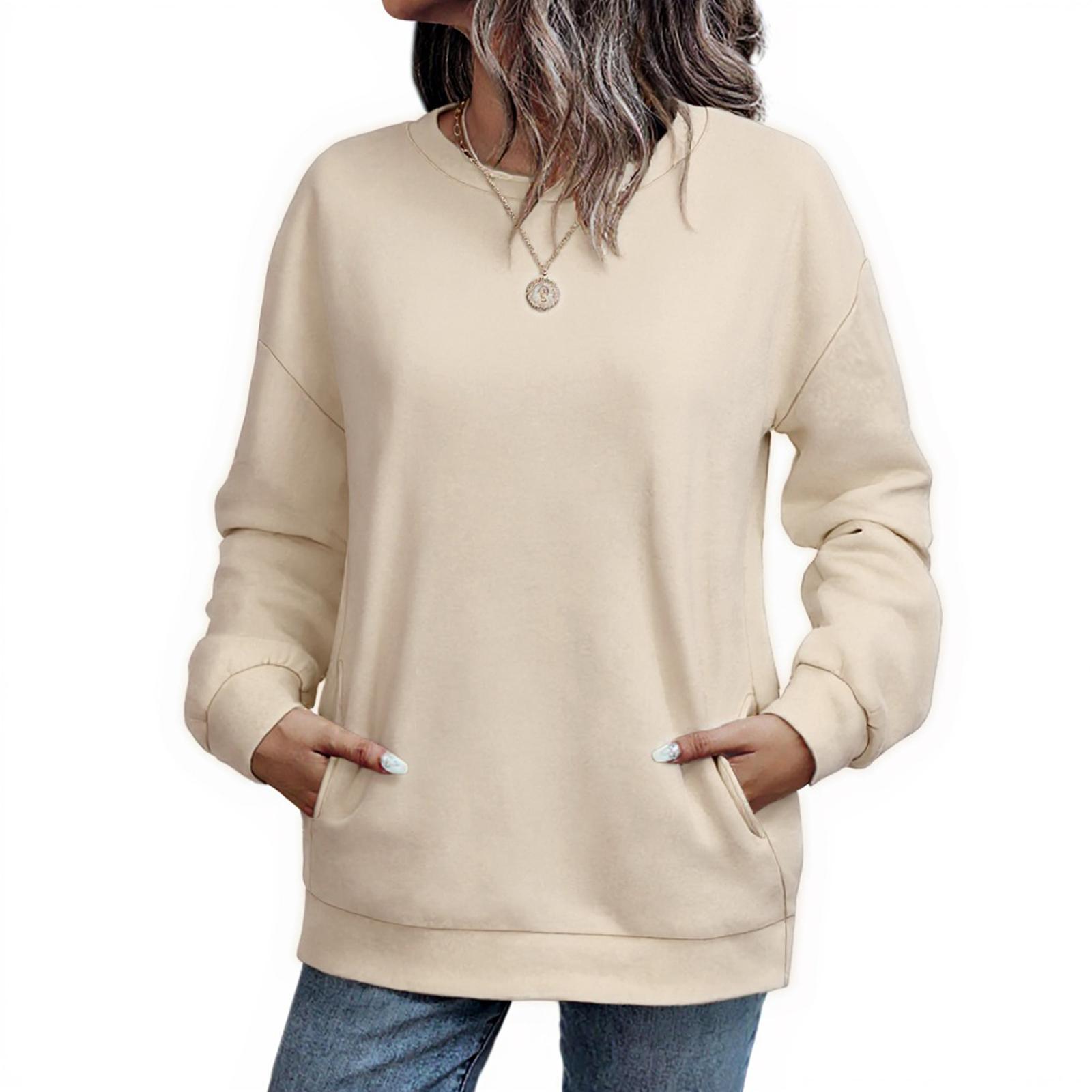 

Crewneck Sweatshirts Women Long Sleeve Tops Fall Fashion Clothes Winter Pullover With Pockets L бежевый