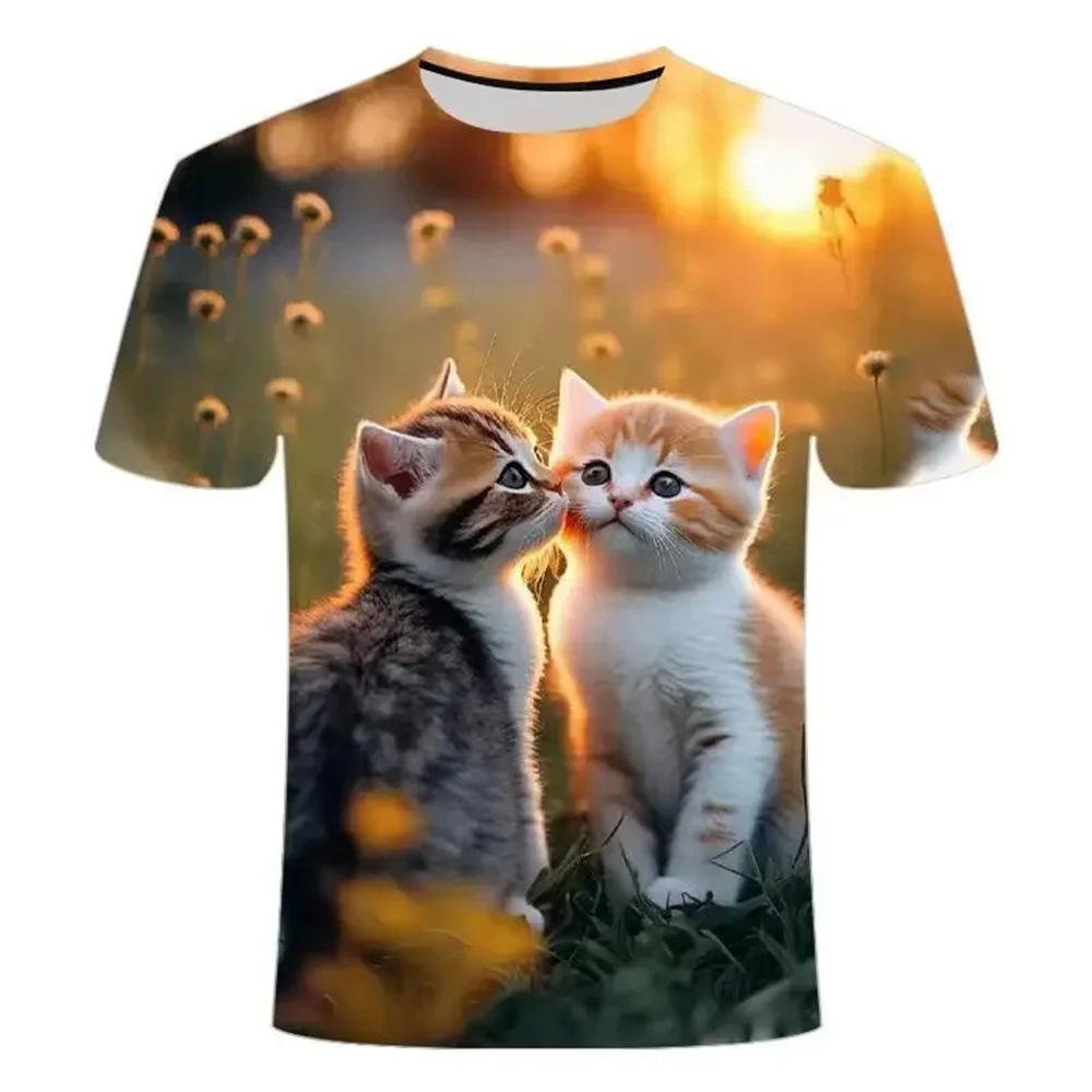 Short-sleeve cute cat print children's summer clothing, cartoon girls' pretty and beautiful top, casual round-neck T-shirt