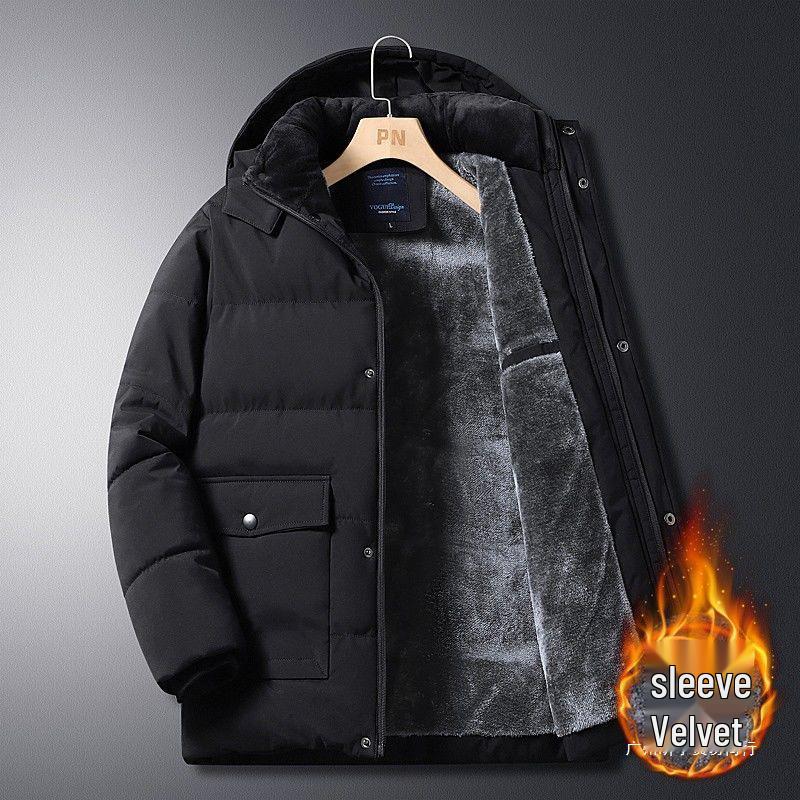 Herren Winter Mittellange Verdickte Baumwolljacke für Mittleren Alters & Ältere mit Zusätzlichem Fleece