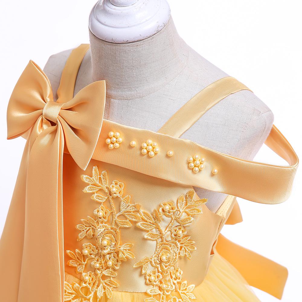 Girls' Off-Shoulder Spaghetti Strap Beaded Flower Princess Wedding Dress