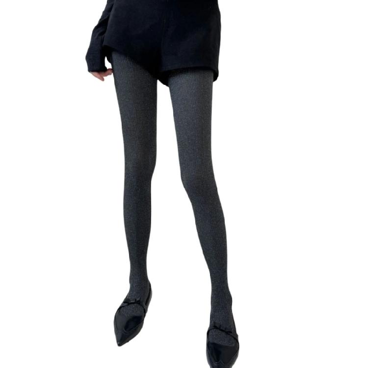 Women Vintage Shimmering Ribbed Striped Opaque Pantyhose 90s Winter Fall Basic Bottoming Tights Stockings Leggings