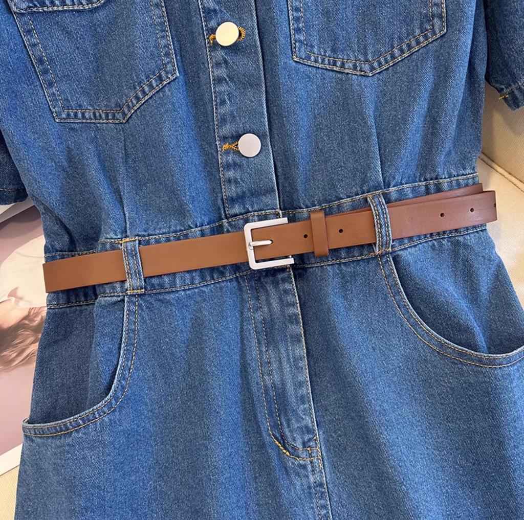 Retro Design Džínové A-liniové Letní Šaty s Krytím Bříška a Zeštíhlením Pasu, Krátký Rukáv