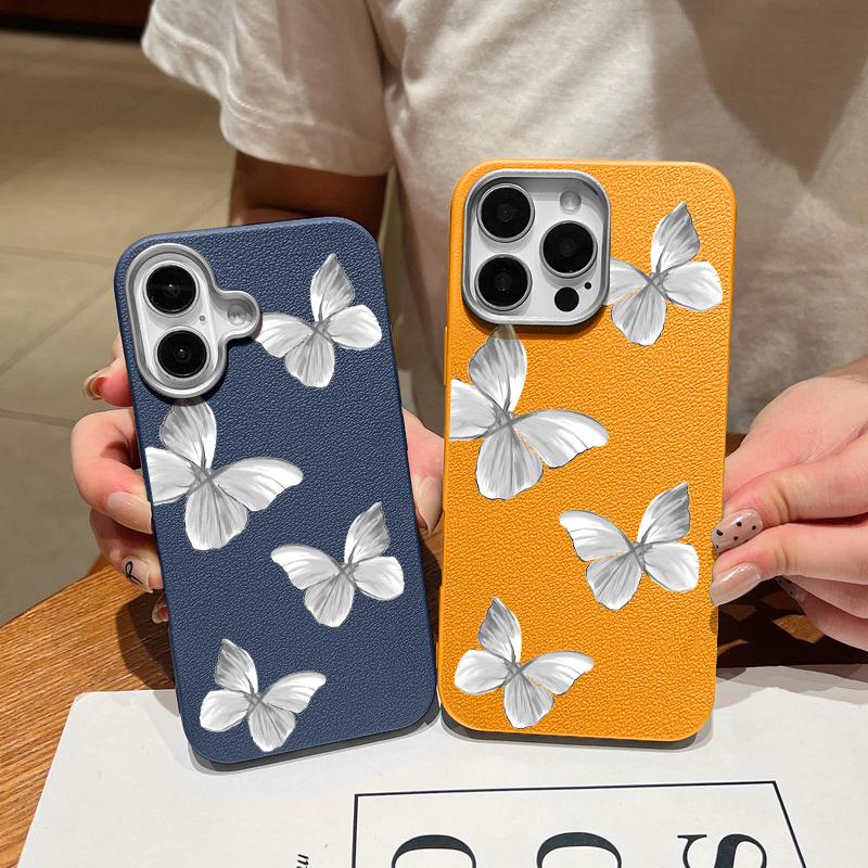 Grey Butterfly Print Shockproof Soft TPU Phone Case For iPhone 16 Pro Max 15 Pro 14 13 12 11 Lens Protection Matte Leather Texture Slim Bumper Cover