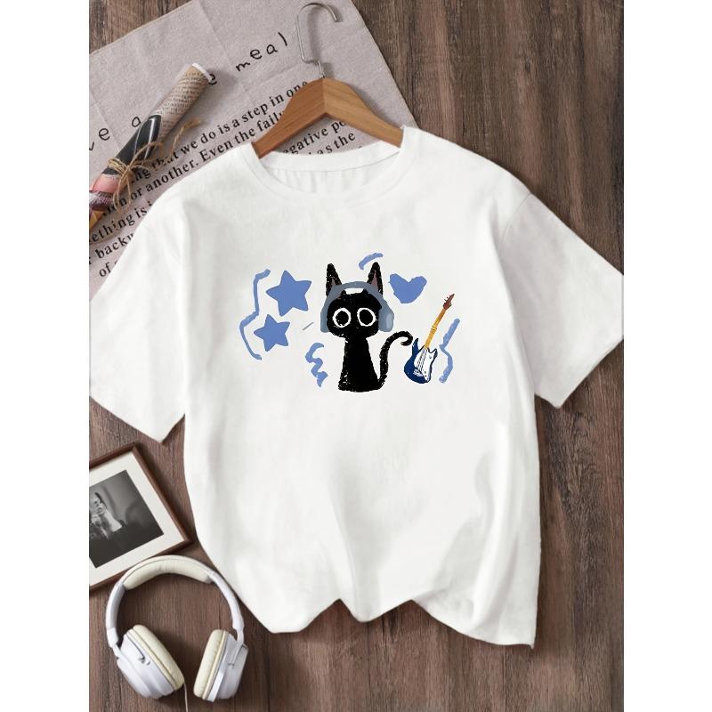 Kids Crewneck Short Sleeve Tee, Music Cat Print Casual Top for Boys Girls 110 белый
