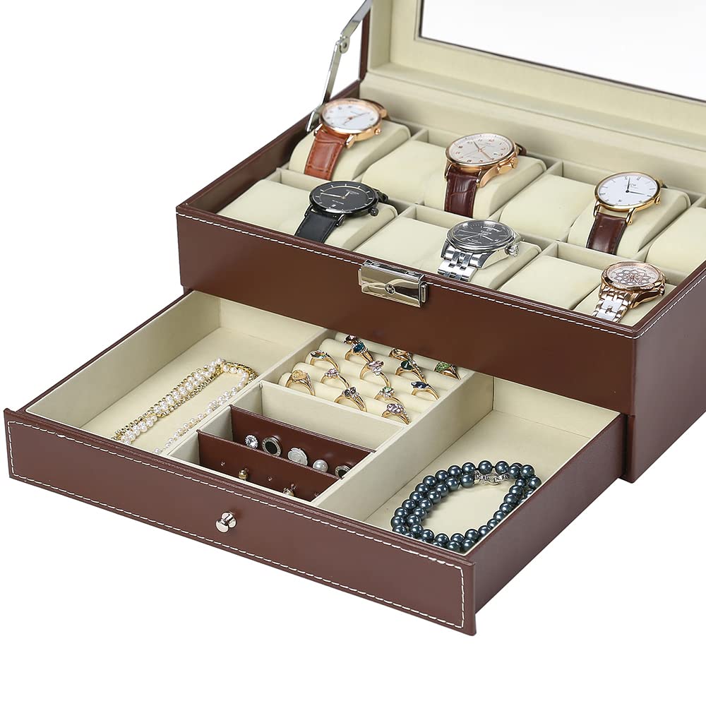 Watch Storage Accessory Holds 12 Luxury Watch Storage PU Case, Storage, Watches, 2-Tier, Box, Leather… (12-Tier, Brown)