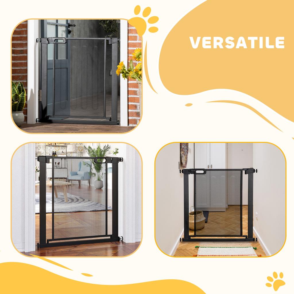 Druck-Hundegitter mit automatischer Schließung, Stahl und ABS, 75-82x76 cm, Schwarz