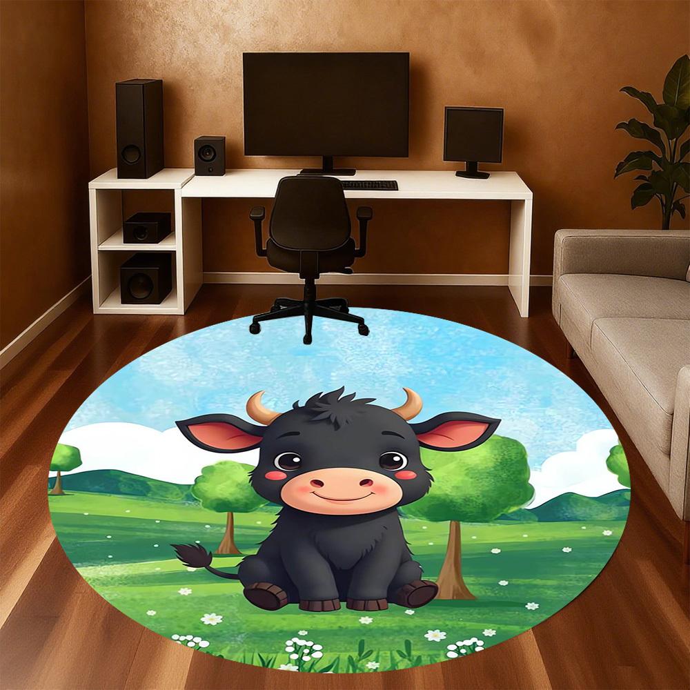 1pc Cow-Pastoral Scene Round Chair mat Area Rug - Non-Slip, Floor Mat for Office, Bedroom, home decor Christmas Gift p0811425