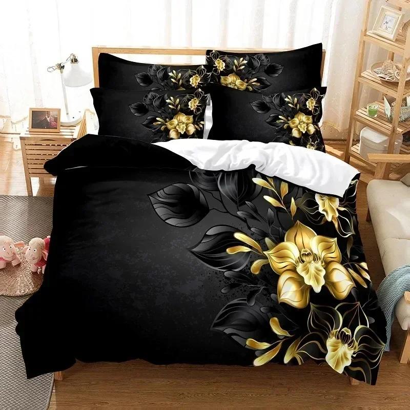 Flower Duvet Cover Sets Queen King Size Blooming Golden Flower Twin Bedding Set For Girls Women Vibrant Floral Theme Quilt Cover