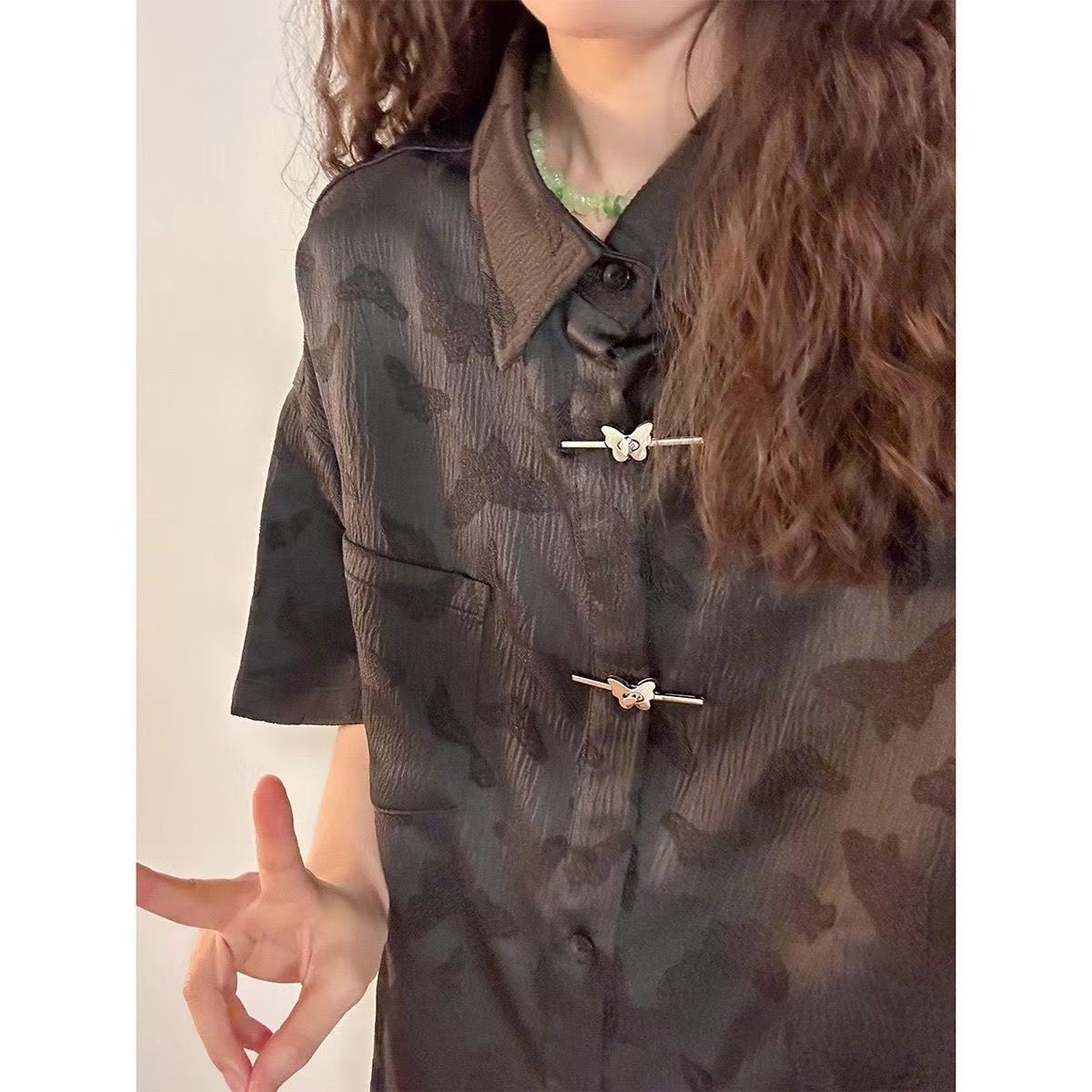 

Женская рубашка жаккардовая с узлом-бабочкой, в новом китайском стиле, с карманом, с коротким рукавом, летняя, свободного кроя, на одной пуговице, женский кардиган-топ XL чёрный