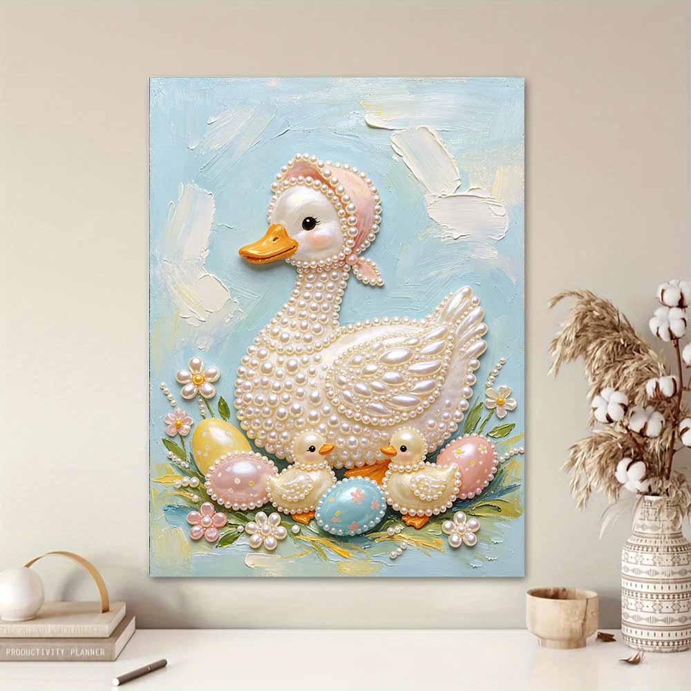DIY Frameless Pearl Painting Kit Cute Duck Family 3D Shiny Bead Art Canvas Relaxing Creative Craft for Home Wall Decor Gift
