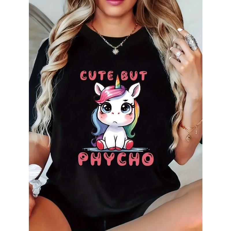 

Womens Emotional Unicorn Floral Print Round Neck Short Sleeve Casual T Shirt Spring Summer European Size 4XL чорний