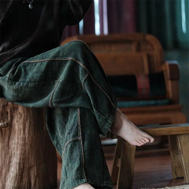 Johnature Pantalones holgados de retazos con cintura elástica de otoño vintage para mujer