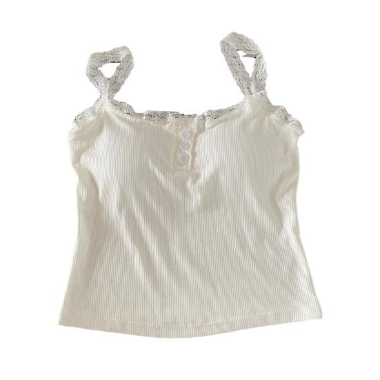 Women Sling Vest Pure Color Lace Splicing Bottom Tops with Built-in Chest Pad Soft Stretchy Camisole Work Party Vacation Wear