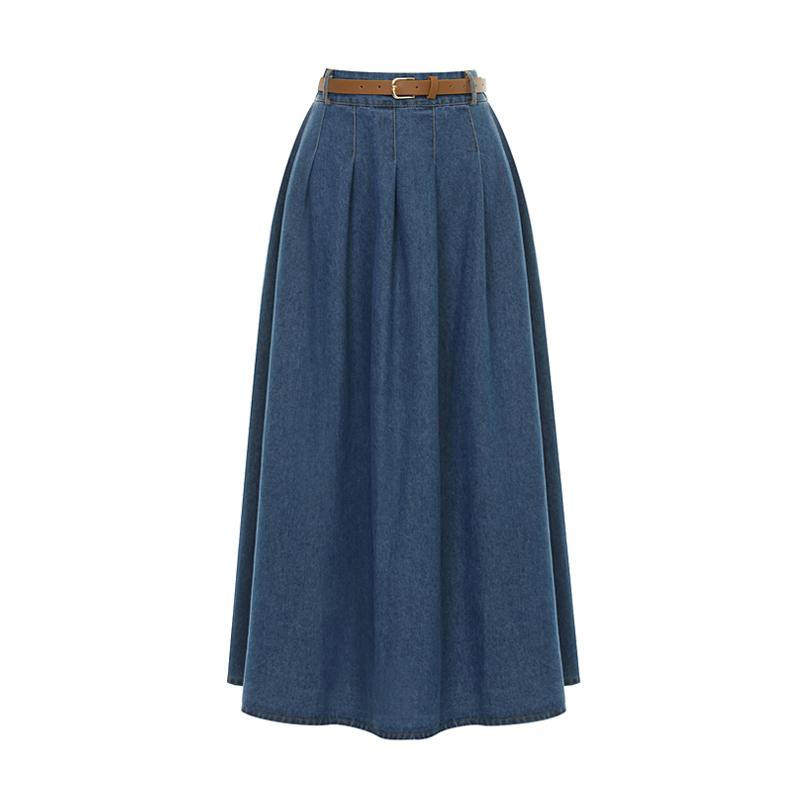SELLY'S Pintuck Denim Elastic Long Skirt_I6A-Csk006