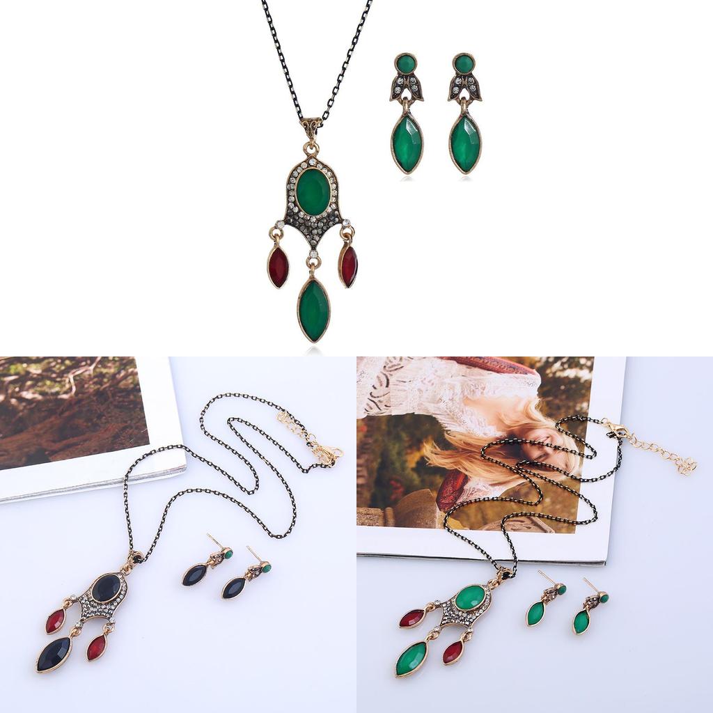 Vintage Pendant Alloy Necklace Earrings Set With Green And Black Resin For Gift
